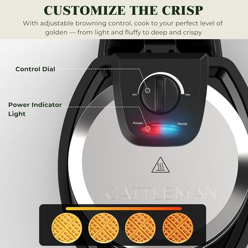 CATTLEMAN Waffle Maker, Rotating Belgian Waffle Maker with Magnetic Timer, 180° Flip Waffle Iron, Nonstick Plates, Adjustable Browning, Drip Tray, Cool Touch Handle for Crispy Family Breakfast in Saudi Arabia