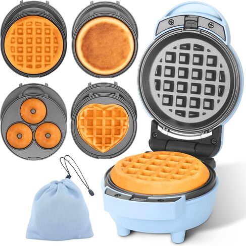 Baker's Friend 4 in 1 Mini Waffle Maker with Removable Plates, Set Includes Mini Pancake, Donut, Heart Shape Waffle Makers, Compact Size, Recipe Included, Red in Kuwait