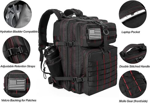 LHI Military Tactical Backpack for Men and Women 45L Army 3 Days Assault Pack Bag Large Rucksack with Molle System Black with Red Line in Saudi Arabia