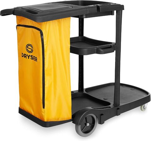 Commercial Janitorial Cleaning Cart on Wheels - Black Housekeeping Caddy with Cover, Shelves and Vinyl Bag in Saudi Arabia