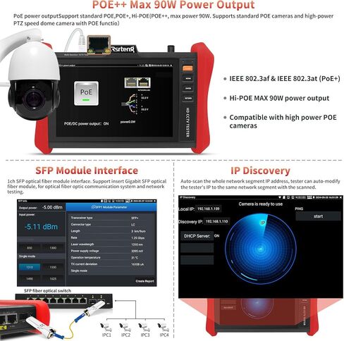 Rsrteng CCTV Tester 4K 12MP IP Camera Tester POE++ Max 90W POE Camera Test 8" 1920x1200 IPS Touch Screen 1CH SFP Module WiFi Network Tools Cable Test POE Detection Power Management APP Update in Saudi Arabia