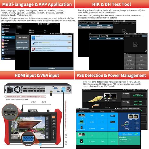 Rsrteng CCTV Tester 4K 12MP IP Camera Tester POE++ Max 90W POE Camera Test 8" 1920x1200 IPS Touch Screen 1CH SFP Module WiFi Network Tools Cable Test POE Detection Power Management APP Update in Saudi Arabia