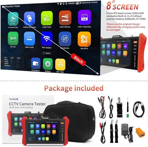 Rsrteng CCTV Tester 4K 12MP IP Camera Tester POE++ Max 90W POE Camera Test 8" 1920x1200 IPS Touch Screen 1CH SFP Module WiFi Network Tools Cable Test POE Detection Power Management APP Update in Saudi Arabia