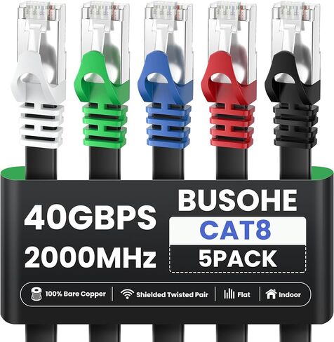 Cat8 Ethernet Cable 5FT 5 Pack Multi Color, 40Gbps 2000MHz Shielded Flat Computer Internet LAN Network Patch Cord, High Speed RJ45 Cat-8 Cable for Router, Modem, PC, Gaming - 5 Feet in Kuwait