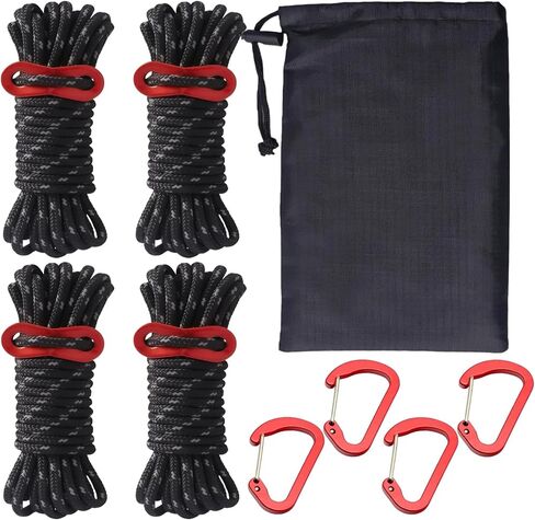 4 Pack 4mm Outdoor Guy Lines Tent Cords Lightweight Camping Rope with Hooks and Aluminum Guylines Adjuster Tensioner Pouch for Camping, Hiking, Climbing, Canopy Shelter etc in Saudi Arabia