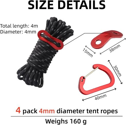 4 Pack 4mm Outdoor Guy Lines Tent Cords Lightweight Camping Rope with Hooks and Aluminum Guylines Adjuster Tensioner Pouch for Camping, Hiking, Climbing, Canopy Shelter etc in Saudi Arabia