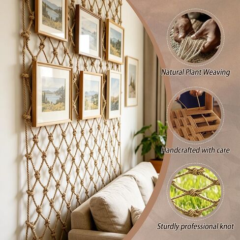 Jute Hemp Rope Net, Heavy Duty Climbing Net, 0.39 in Thick Woven Natural Fiber, 3.3 ft x 6.6 ft Netting, 3.9 in Mesh for Supervised Kids Outdoor Playground, Balcony, Stairs, Garden Decor in Saudi Arabia