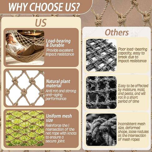 Jute Hemp Rope Net, Heavy Duty Climbing Net, 0.39 in Thick Woven Natural Fiber, 3.3 ft x 6.6 ft Netting, 3.9 in Mesh for Supervised Kids Outdoor Playground, Balcony, Stairs, Garden Decor in Saudi Arabia