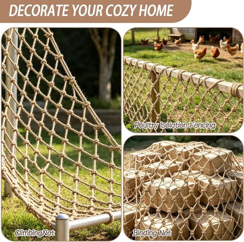 Jute Hemp Rope Net, Heavy Duty Climbing Net, 0.39 in Thick Woven Natural Fiber, 3.3 ft x 6.6 ft Netting, 3.9 in Mesh for Supervised Kids Outdoor Playground, Balcony, Stairs, Garden Decor in Saudi Arabia