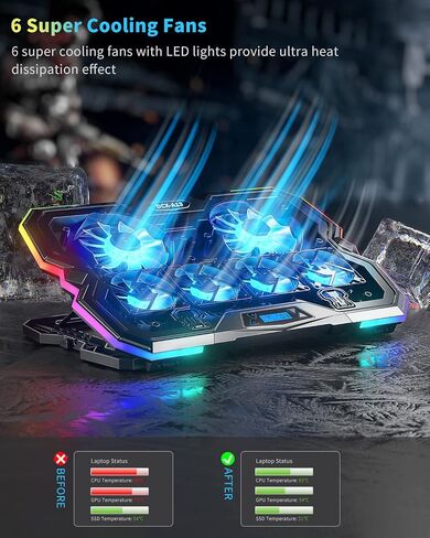 KeiBn Upgrade Laptop Cooling Pad A13,RGB Lights Laptop Cooler 6 Fans for up to 15.6 Inch Laptops,10 Modes Light, 7 Height Stands, 2 USB Ports - Blue in Saudi Arabia