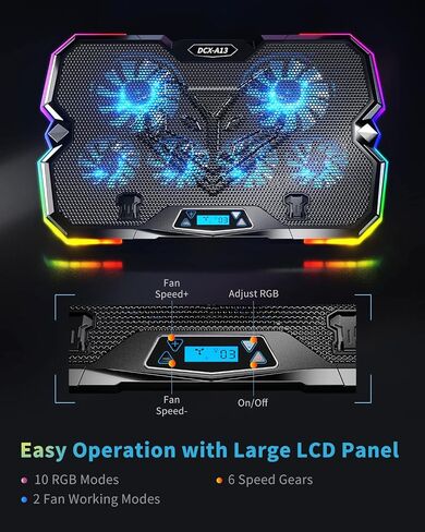 KeiBn Upgrade Laptop Cooling Pad A13,RGB Lights Laptop Cooler 6 Fans for up to 15.6 Inch Laptops,10 Modes Light, 7 Height Stands, 2 USB Ports - Blue in Saudi Arabia