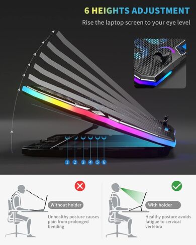 KeiBn Upgrade Laptop Cooling Pad A13,RGB Lights Laptop Cooler 6 Fans for up to 15.6 Inch Laptops,10 Modes Light, 7 Height Stands, 2 USB Ports - Blue in Saudi Arabia