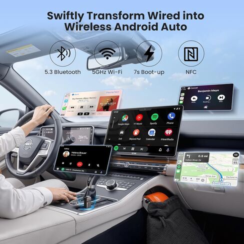 Bytewave Wireless Android Auto Adapter, USB A/C Car Dongle with NFC & WiFi | Convert Wired to Wireless, 8s Auto Connect, Mini 5.8GHz WiFi & Bluetooth 5.3 Android Auto for Car, 2-in-1 USB C/A Plug & Play in Kuwait