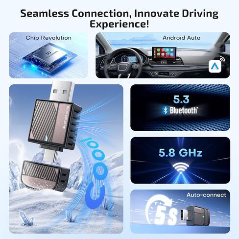Bytewave Wireless Android Auto Adapter, USB A/C Car Dongle with NFC & WiFi | Convert Wired to Wireless, 8s Auto Connect, Mini 5.8GHz WiFi & Bluetooth 5.3 Android Auto for Car, 2-in-1 USB C/A Plug & Play in Kuwait