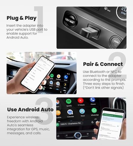 Bytewave Wireless Android Auto Adapter, USB A/C Car Dongle with NFC & WiFi | Convert Wired to Wireless, 8s Auto Connect, Mini 5.8GHz WiFi & Bluetooth 5.3 Android Auto for Car, 2-in-1 USB C/A Plug & Play in Kuwait