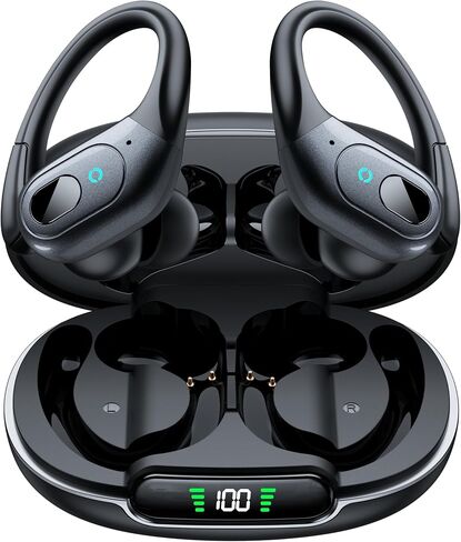 occiam Active Noise Cancelling Earbuds Wireless Bluetooth Headphones | Ear Buds 90Hrs Playback Stereo Bass Earphones with Mic Over-Ear Hooks IPX7 Waterproof Headset for Sports Running Matte Black in Saudi Arabia