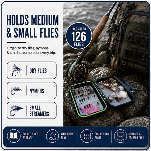 Waterproof Fly Box for Fly Fishing | Double-Sided Fly Fishing Box with Foam Insert | Compact fly fishing box for Dry Flies, Nymphs | Hard Shell Pocket Size Streamer Fly Box | Easy Grip Foam in Saudi Arabia