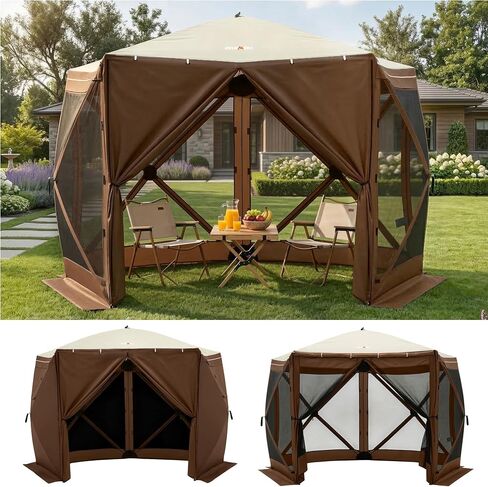 Overmont 10x10FT Pop up Gazebo Screen Tent - Large Instant Screen House Tent with Netting Removable Wind Cloths Half Open Door Skylight - Portable Outdoor Shelter for Camping Backyard Patio Parties in Saudi Arabia