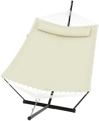 Double Portable Hammock with Stand, 2 Person Quilted Hammock for Outside | 450 LBS Heavy Duty, Pillow & Balance Rope, 12 FT Stand for Patio, Backyard, Poolside, Camping Relaxation in Saudi Arabia