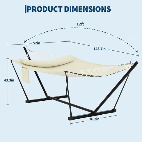 Double Portable Hammock with Stand, 2 Person Quilted Hammock for Outside | 450 LBS Heavy Duty, Pillow & Balance Rope, 12 FT Stand for Patio, Backyard, Poolside, Camping Relaxation in Saudi Arabia