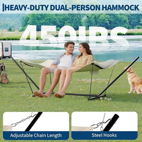 Double Portable Hammock with Stand, 2 Person Quilted Hammock for Outside | 450 LBS Heavy Duty, Pillow & Balance Rope, 12 FT Stand for Patio, Backyard, Poolside, Camping Relaxation in Saudi Arabia