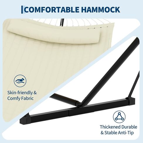 Double Portable Hammock with Stand, 2 Person Quilted Hammock for Outside | 450 LBS Heavy Duty, Pillow & Balance Rope, 12 FT Stand for Patio, Backyard, Poolside, Camping Relaxation in Saudi Arabia