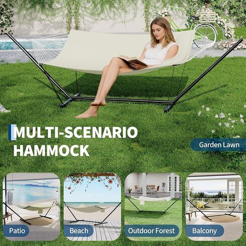 Double Portable Hammock with Stand, 2 Person Quilted Hammock for Outside | 450 LBS Heavy Duty, Pillow & Balance Rope, 12 FT Stand for Patio, Backyard, Poolside, Camping Relaxation in Saudi Arabia