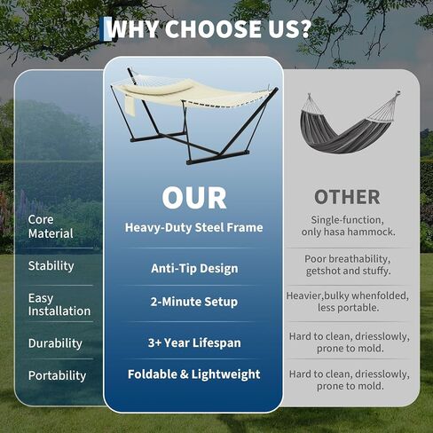 Double Portable Hammock with Stand, 2 Person Quilted Hammock for Outside | 450 LBS Heavy Duty, Pillow & Balance Rope, 12 FT Stand for Patio, Backyard, Poolside, Camping Relaxation in Saudi Arabia