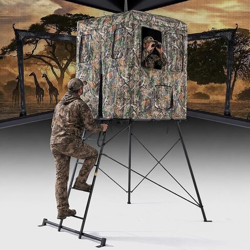 5/6FT Hunting Stand with Blind, 1-2 Man 4' x 4' Platform Deer Stand Tripod | Hunting Tower with 360 Degree See Through Blind, Elevated Ground Platform, Camouflage, Heavy Duty Stand for Deer Hunting in Saudi Arabia