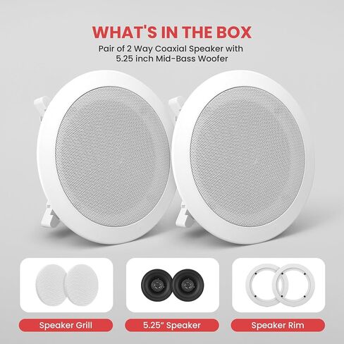 Pyle Home 5.25" Ceiling Wall Mount Speakers - Pair of 2-Way Midbass Woofer Speaker 1'' Polymer Dome Tweeter Flush Design w/ 80Hz - 20kHz Frequency Response & 150 Watts Peak Easy Installation-PDIC51RD in Kuwait