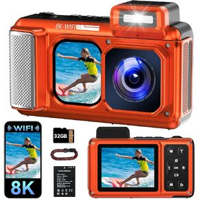 Maxmango V08 Pro 49FT Underwater Camera, 8K 90MP WiFi Waterproof Digital Camera with 2.88" Touchscreen, Dual Screens, Dustproof Shockproof Camera for Snorkeling Diving Travel, 32GB Card, Red in Kuwait