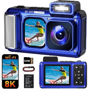 Maxmango V08 Pro 49FT Underwater Camera, 8K 90MP WiFi Waterproof Digital Camera with 2.88" Touchscreen, Dual Screens, Dustproof Shockproof Camera for Snorkeling Diving Travel, 32GB Card, Blue in Kuwait