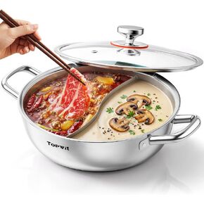 TOPWIT 5.5QT Double-flavor Shabu Shabu Pot, Hot Pot with Divider | 3-Ply Construction, 316 Stainless Steel, 11″ Dual Side Pot for Cooking, Hotpot for Induction/Gas/Ceramic Cooktop, Hot Burner in Kuwait