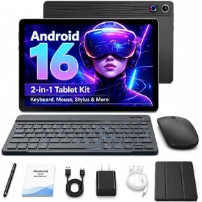 Jeazans Android 16 Tablet 10.1 Inch, 2-in-1 Tablet Bundle with Keyboard, Wireless Mouse, Stylus, Leather Case, Dual Camera, 64GB Storage+1TB Expansion, Portable Laptop for Students & Business in Saudi Arabia