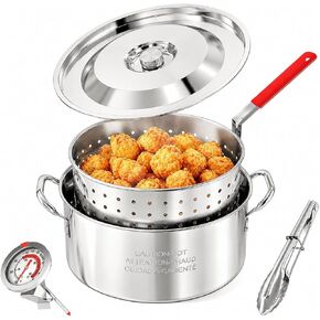 10QT Fish Fryer Pot with Basket, Lid & Tongs, Alumuinum Frying Pot | Deep Fryer Pot with Thermometer, For Fish, Chicken Wings & French Fries, Open Flame Only in Saudi Arabia