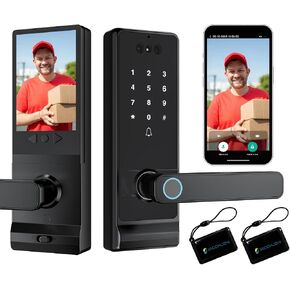 Smart Lock with Camera, Doorbell, Lever Handle, Screen for Front Door | Face, Palm Vein, Fingerprint & Keypad Entry, Video Doorbell, 2-Way Audio, WiFi, Live View, Night Vision, IP65, 2 Batteries in Saudi Arabia