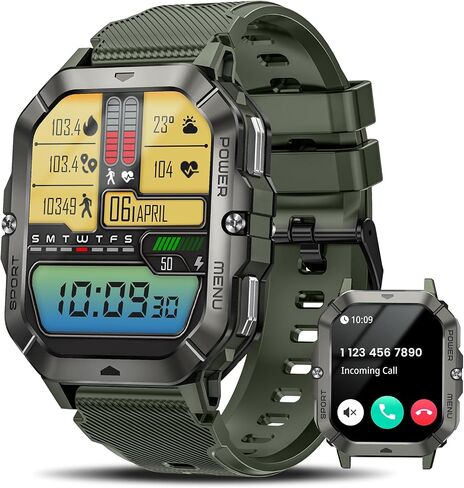 Military Smart Watches for Men (Answer/Make Calls), 2.02'' Fitness Smart Watch for Android and iPhone, Waterproof Fitness Tracker with Blood Pressure/Heart Rate/Sleep/100+ Sport Modes, Watches for Men in Saudi Arabia