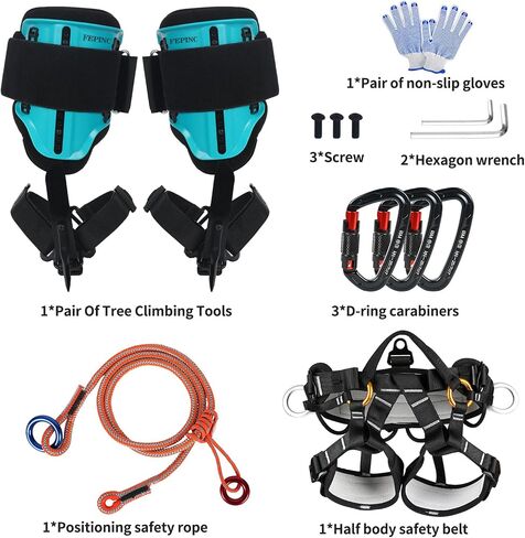 Tree Climbing Spikes Kit Set Tree Climbing Gear 5 In1 Set | with Safety Seat Belt, 3PCS 25 kN Self-Locking Clip, 6 FT Adjustable Arborist Friction Saver Rope for Tree Climbing in Saudi Arabia