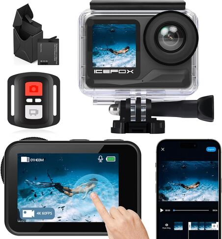 icefox 4K Action Camera 5X Zoom 60FPS 20MP 98FT Underwater Sports | Dual 2150mAh Batteries, Waterproof Housing, EIS Stabilization, Snappro App Video & Photo Editing, Great for Diving Travel in Saudi Arabia