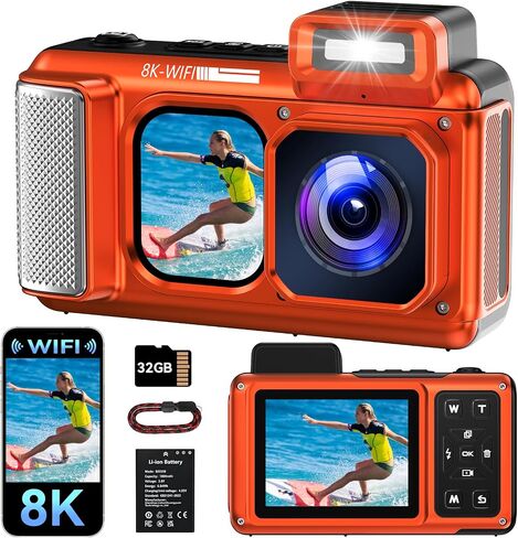 Maxmango V08 Pro 49FT Underwater Camera, 8K 90MP WiFi Waterproof Digital Camera with 2.88" Touchscreen, Dual Screens, Dustproof Shockproof Camera for Snorkeling Diving Travel, 32GB Card, Red in Kuwait