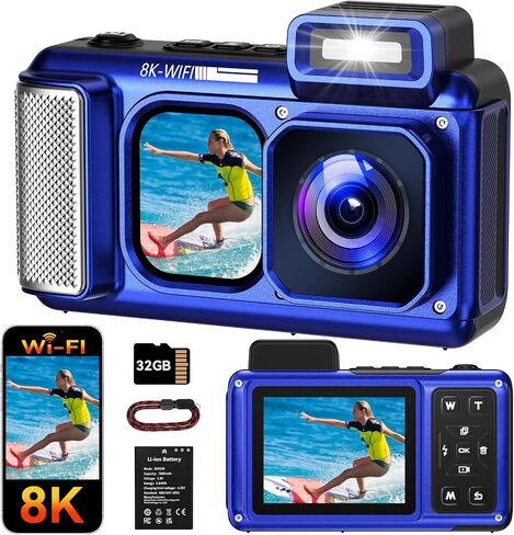 Maxmango V08 Pro 49FT Underwater Camera, 8K 90MP WiFi Waterproof Digital Camera with 2.88" Touchscreen, Dual Screens, Dustproof Shockproof Camera for Snorkeling Diving Travel, 32GB Card, Blue in Kuwait