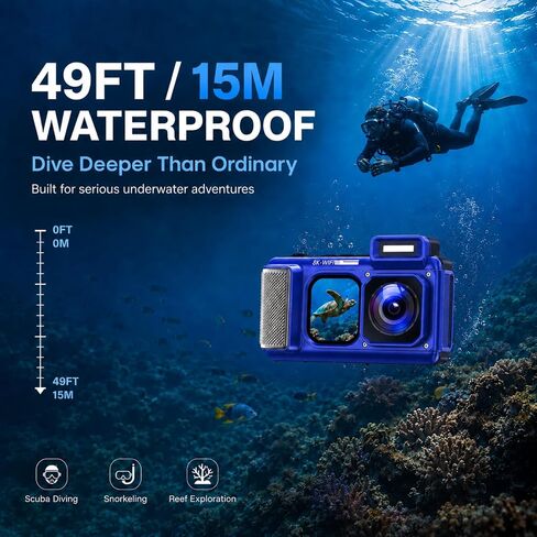 Maxmango V08 Pro 49FT Underwater Camera, 8K 90MP WiFi Waterproof Digital Camera with 2.88" Touchscreen, Dual Screens, Dustproof Shockproof Camera for Snorkeling Diving Travel, 32GB Card, Blue in Kuwait