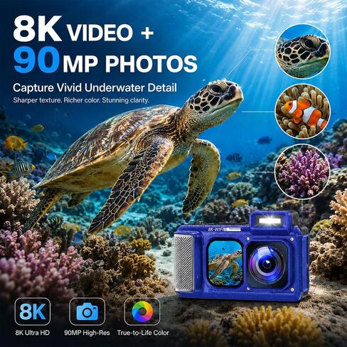Maxmango V08 Pro 49FT Underwater Camera, 8K 90MP WiFi Waterproof Digital Camera with 2.88" Touchscreen, Dual Screens, Dustproof Shockproof Camera for Snorkeling Diving Travel, 32GB Card, Blue in Kuwait