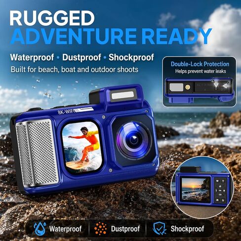 Maxmango V08 Pro 49FT Underwater Camera, 8K 90MP WiFi Waterproof Digital Camera with 2.88" Touchscreen, Dual Screens, Dustproof Shockproof Camera for Snorkeling Diving Travel, 32GB Card, Blue in Kuwait