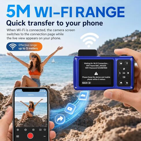 Maxmango V08 Pro 49FT Underwater Camera, 8K 90MP WiFi Waterproof Digital Camera with 2.88" Touchscreen, Dual Screens, Dustproof Shockproof Camera for Snorkeling Diving Travel, 32GB Card, Blue in Kuwait