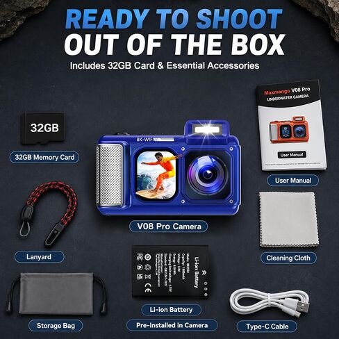 Maxmango V08 Pro 49FT Underwater Camera, 8K 90MP WiFi Waterproof Digital Camera with 2.88" Touchscreen, Dual Screens, Dustproof Shockproof Camera for Snorkeling Diving Travel, 32GB Card, Blue in Kuwait