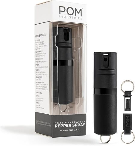 POM Premium Pepper Spray Keychain, Quick Release Access Flip Top Safety, Police Grade OC Formula with UV Marking Dye, 25 Precision Bursts, 10 Foot Effective Range, Made in USA in Kuwait