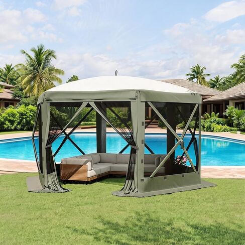 11.5x11.5 ft Screen House Gazebo Tent, 6-Sided Pop Up Canopy with Mesh Panels, Removable Wind Cloths and One-Push Setup, Outdoor Shelter for Camping, Patio, Backyard Parties and Gatherings in Saudi Arabia