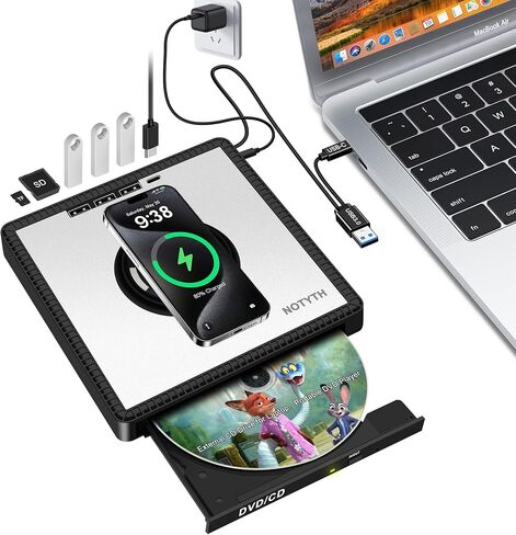External CD Drive for Laptop: with 15W Wireless Charger Plug & Play | Optical DVD Burner for Apple Mac Linux Windows PC, Portable DVD Player Disc Reader with 3 USB3.0 Ports 1 USB C, 1 TF&SD Port in Saudi Arabia