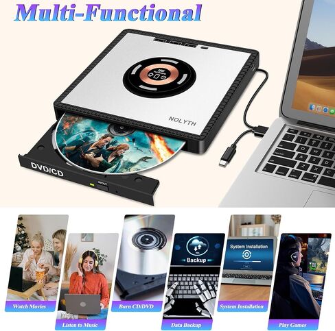 External CD Drive for Laptop: with 15W Wireless Charger Plug & Play | Optical DVD Burner for Apple Mac Linux Windows PC, Portable DVD Player Disc Reader with 3 USB3.0 Ports 1 USB C, 1 TF&SD Port in Saudi Arabia